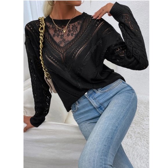 Lace Detail Black Knit Long Sleeve Light Sweater Top - Picture 6 of 11